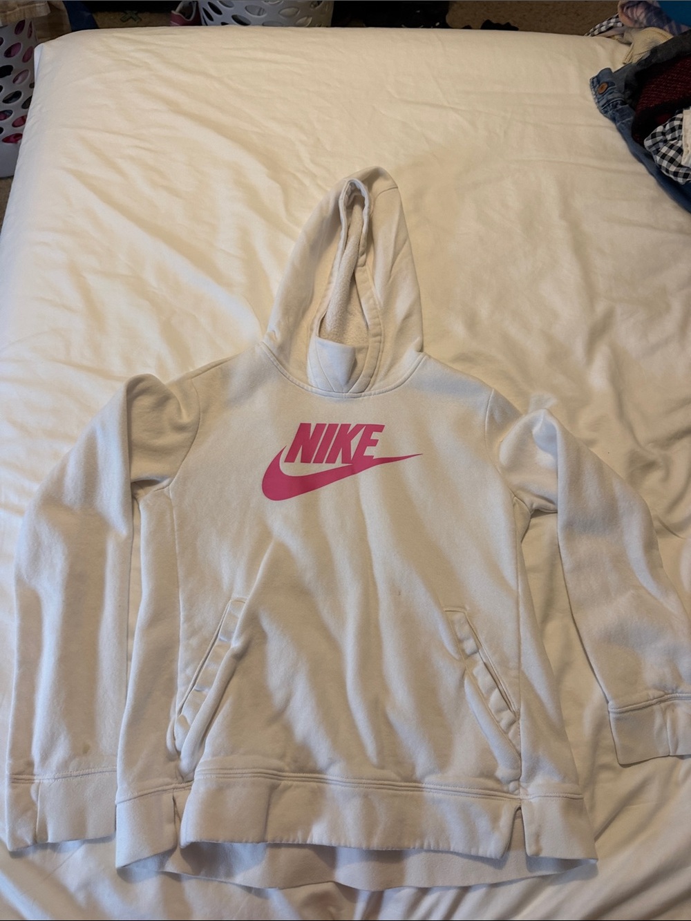 Nike White Hoodie with Pink Swoosh Logo